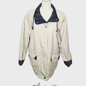 Raincoat by 1 Madison Beige Blue Plaid Neck Sleeve Bottom Size Small